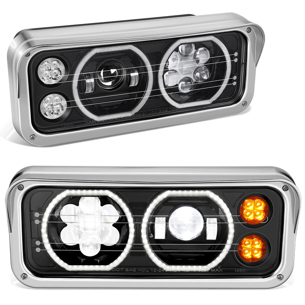 LED Projector Headlight for Kenworth Peterbilt (1981–2019) - Black Clear, Halo Ring