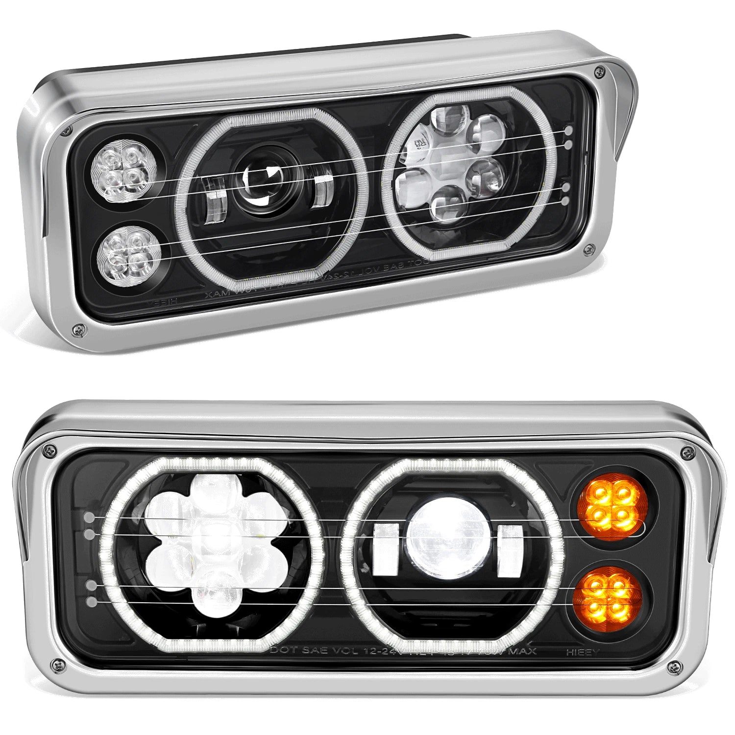 LED Projector Headlight for Kenworth Peterbilt (1981–2019) - Black Clear, Halo Ring