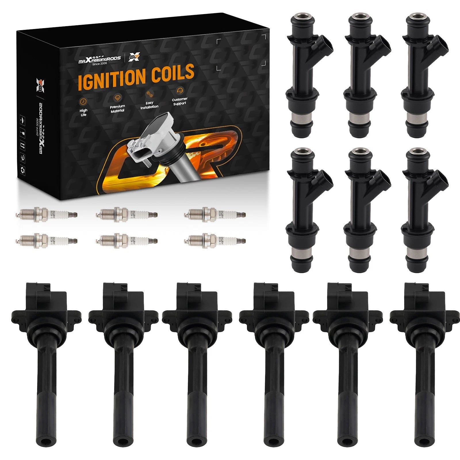 Set of 6 Fuel Injectors, 6 Ignition Coils, Spark Plugs for Isuzu Trooper (1998–1999)