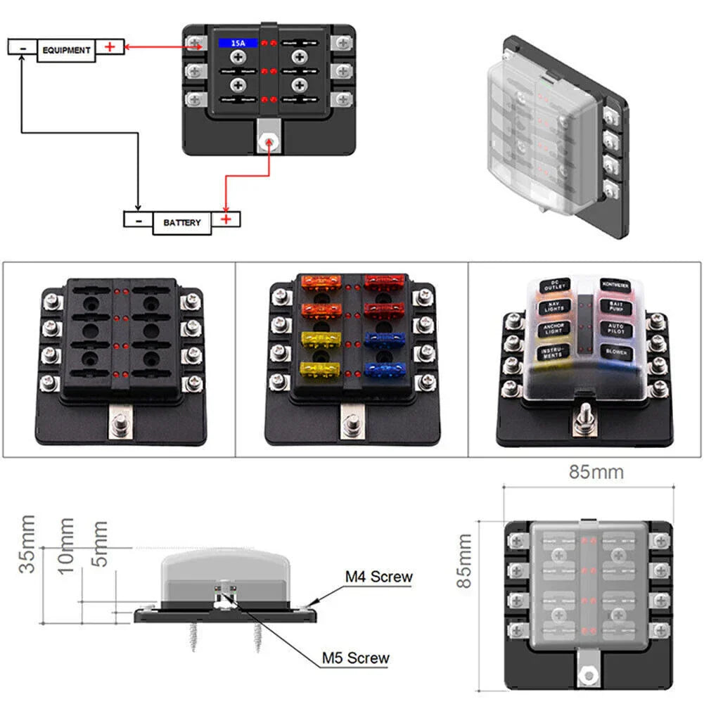 8 Way LED Fuse Box Block Holder for Universal Use