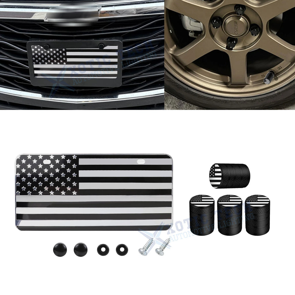 Front License Plate Valve Stem Cover for Universal Silver American Flag (—)