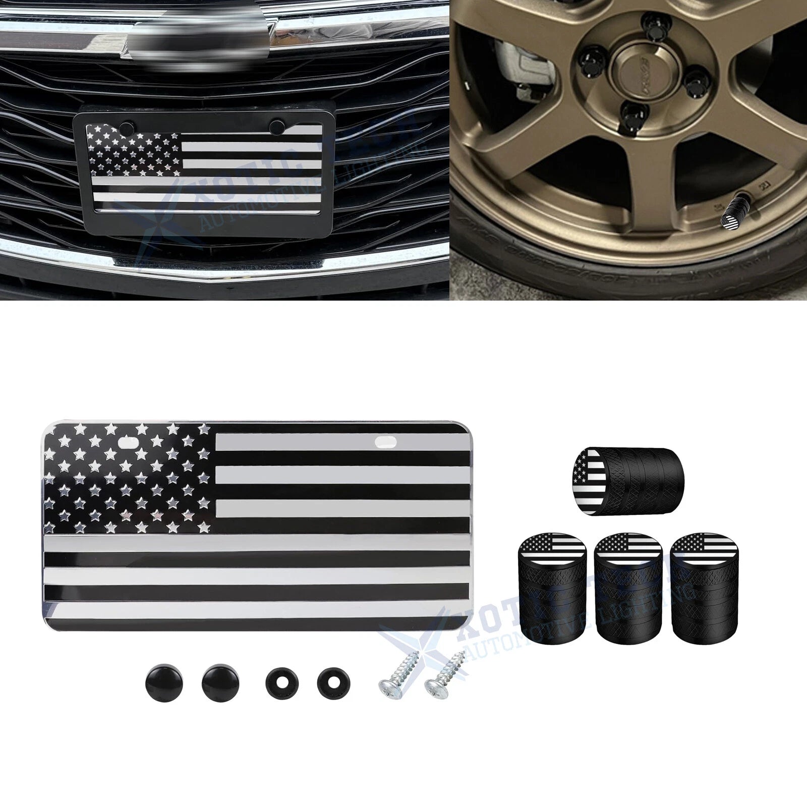 Front License Plate Valve Stem Cover for Universal Silver American Flag (—)