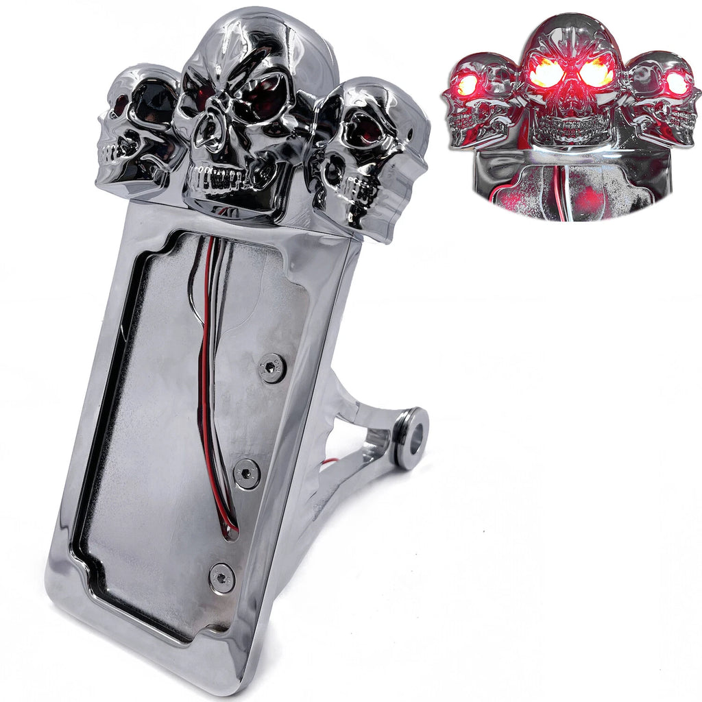 Chrome Side Mount License Plate Frame with Skull LED Brake Tail Light