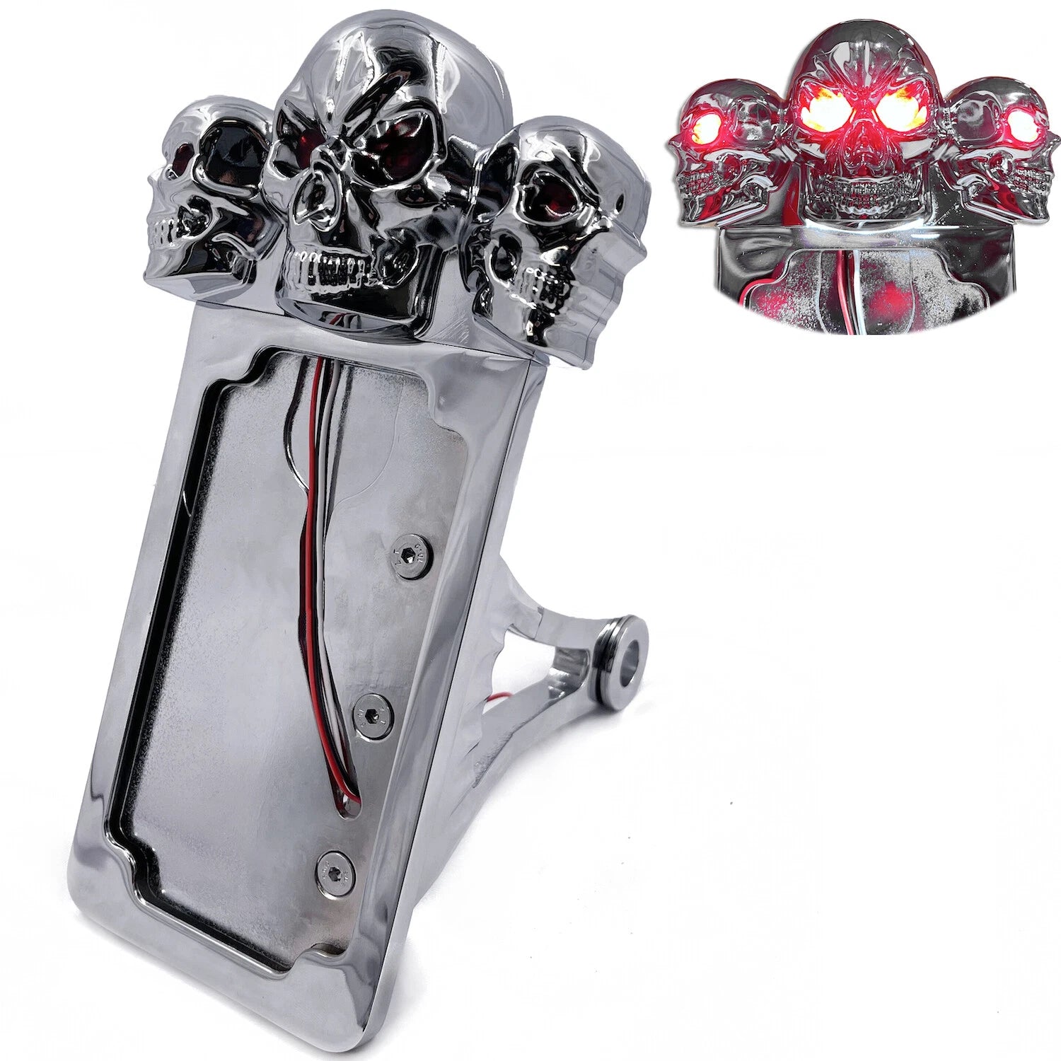 Chrome Side Mount License Plate Frame with Skull LED Brake Tail Light
