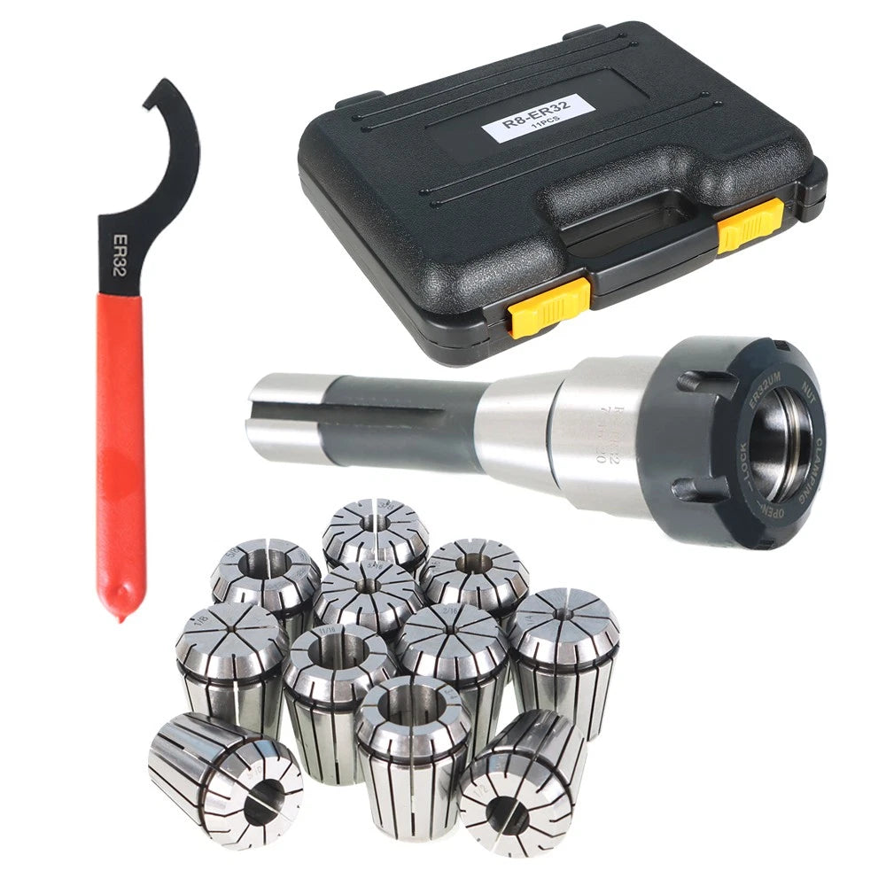 11PC ER32 Collet Set with Shank & Spanner for Milling Machine R8