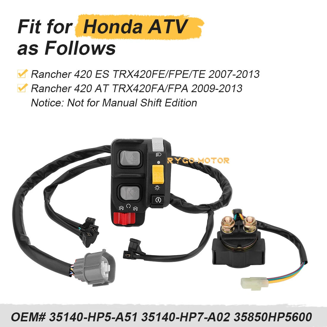 Handlebar & Starter Relay Switch for Honda Rancher 420 TRX420 (2007–2013)