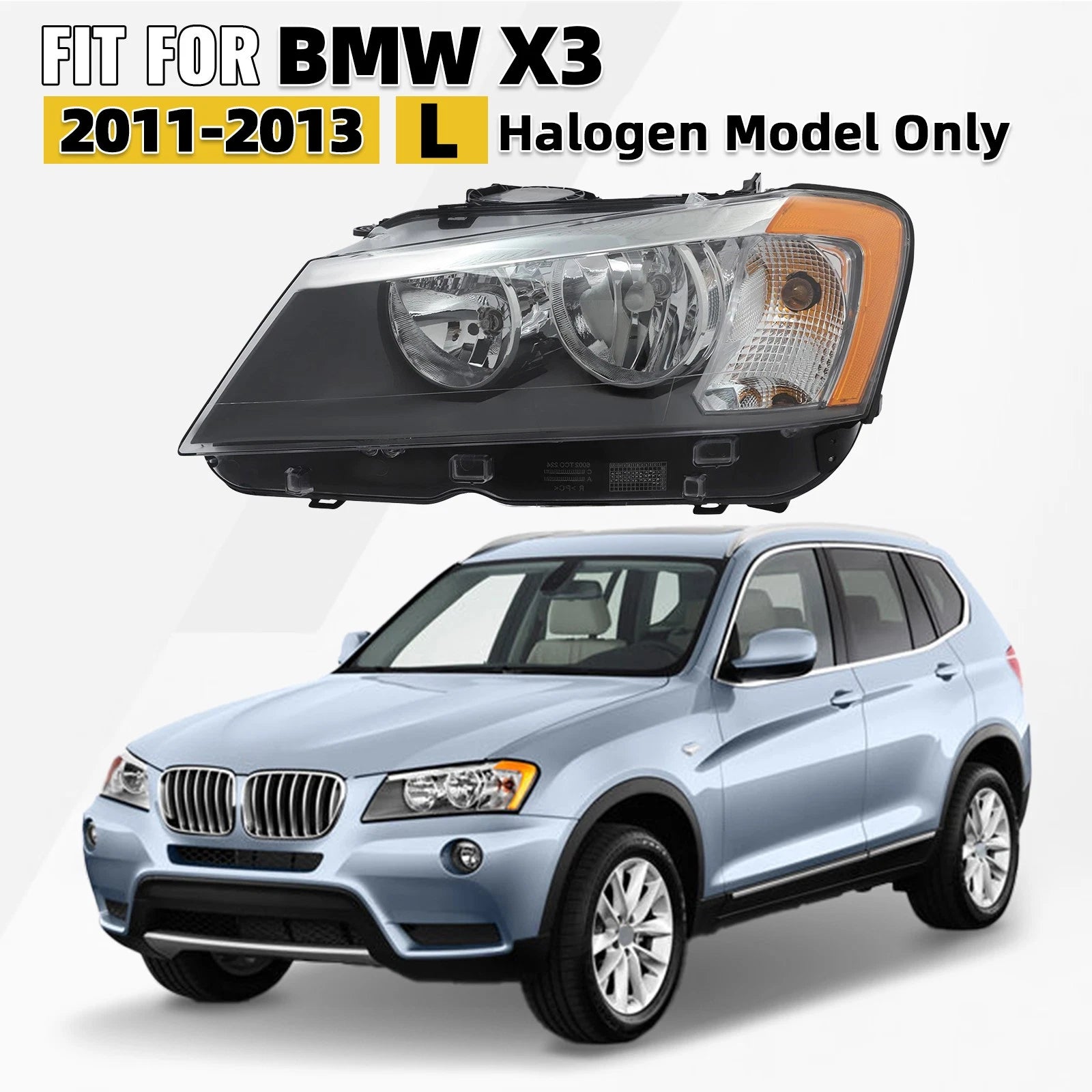 Halogen Headlight for BMW X3 F25 (2011–2013) Left Driver Side w/Bulbs