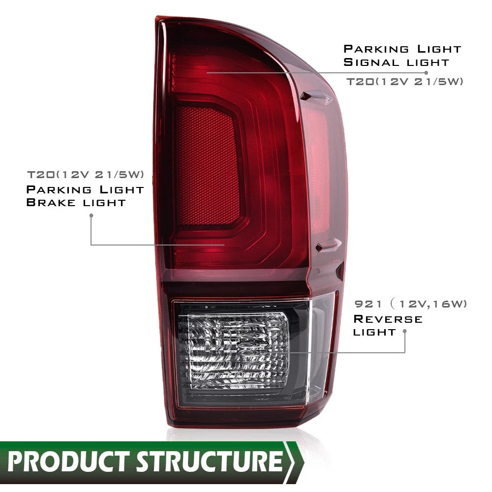 Set of 2 Red/Black Rear Tail Lights for Toyota Tacoma (2016–2022)