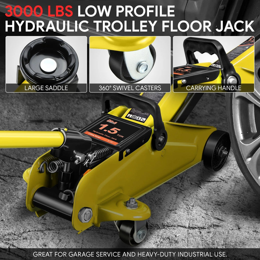 1.5 Ton Hydraulic Floor Jack 3000lbs Capacity with Swivel Caster