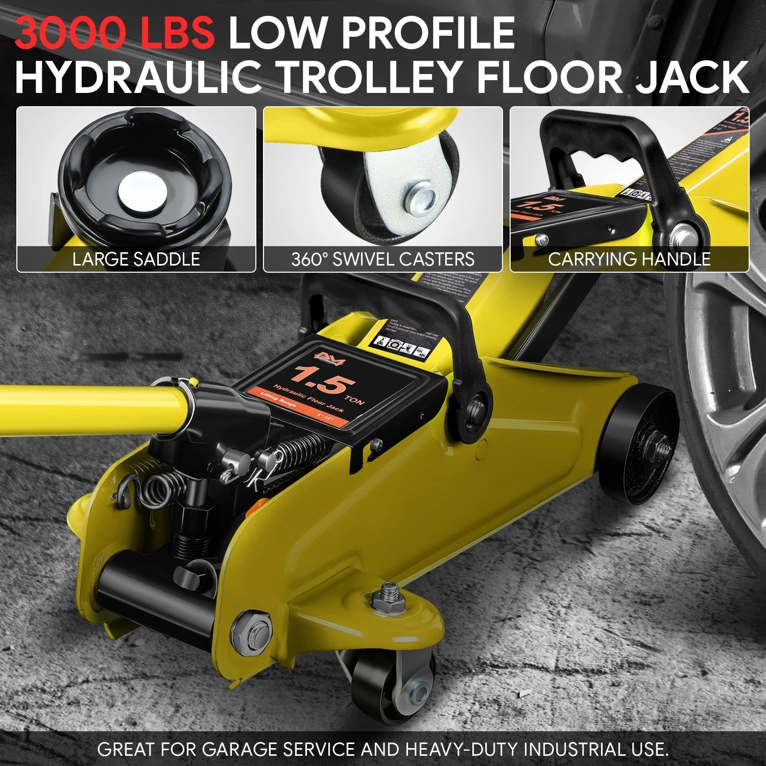 1.5 Ton Hydraulic Floor Jack 3000lbs Capacity with Swivel Caster
