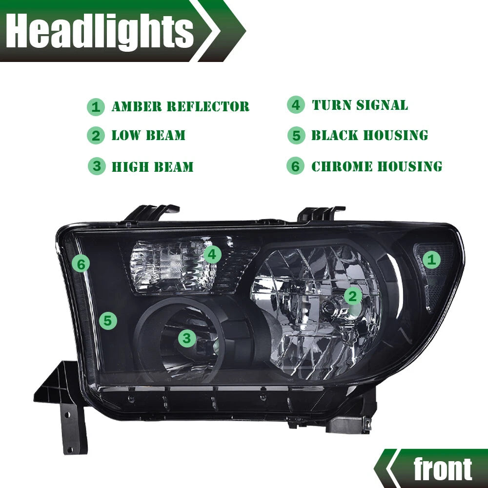 Set of 2 Black Shell Headlights for Toyota Tundra, Sequoia (2007–2017)