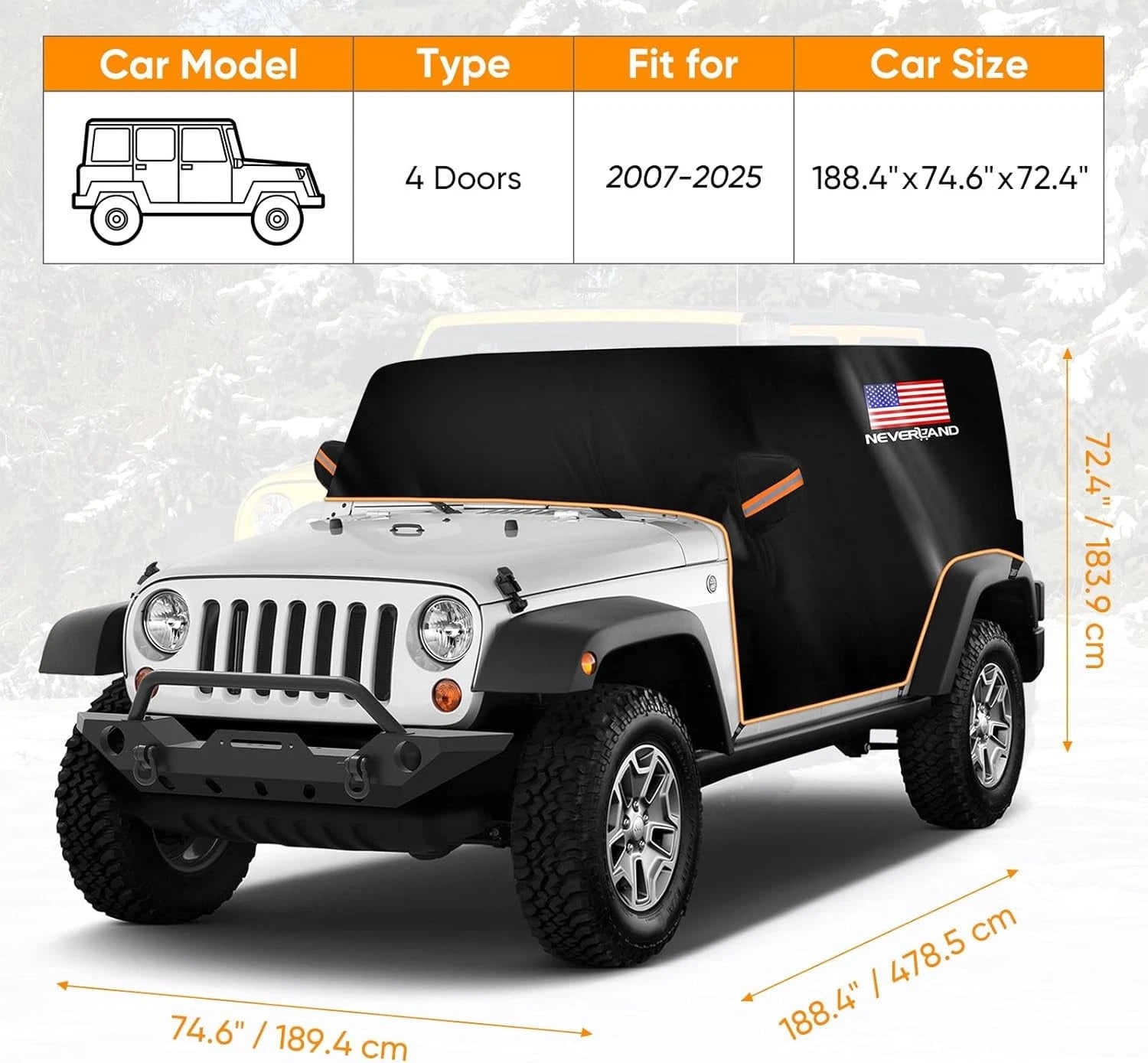 Half Car Cover for Jeep Wrangler JK JL JKU JLU (2007–2024) Waterproof