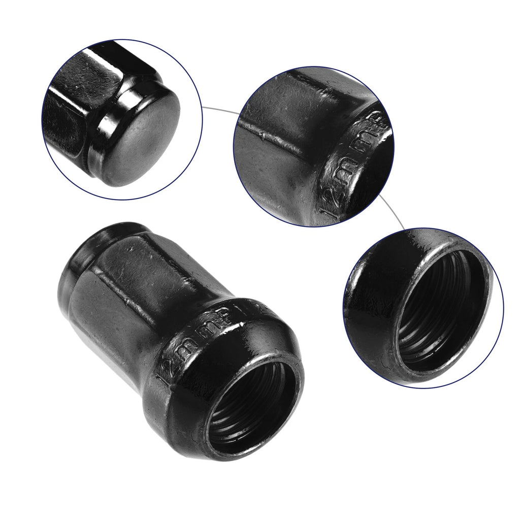 Set of 12 M12x1.25 Car Wheel Hub Lug Nuts for Honda, Chevy, Nissan - Black