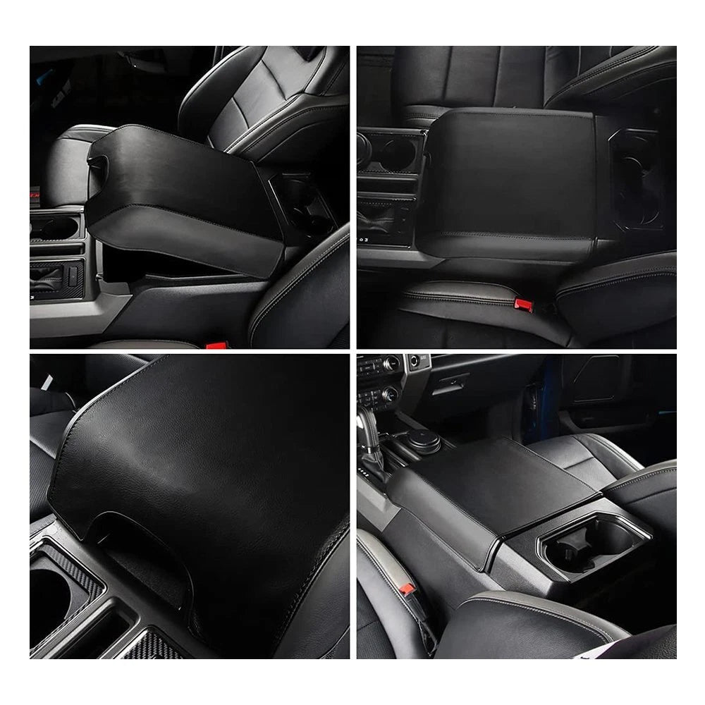 Black Leather Center Armrest Console Lid Cover for Ford F150 (2015–2020)
