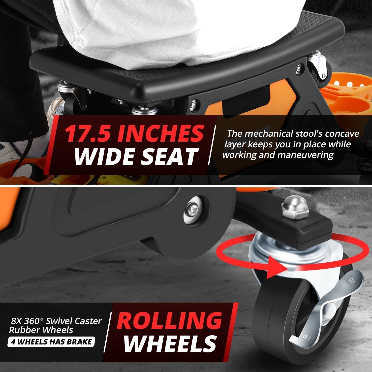 Rolling Mechanic Stool with Tool Tray for Automotive Work (25.5" x 13" x 12")