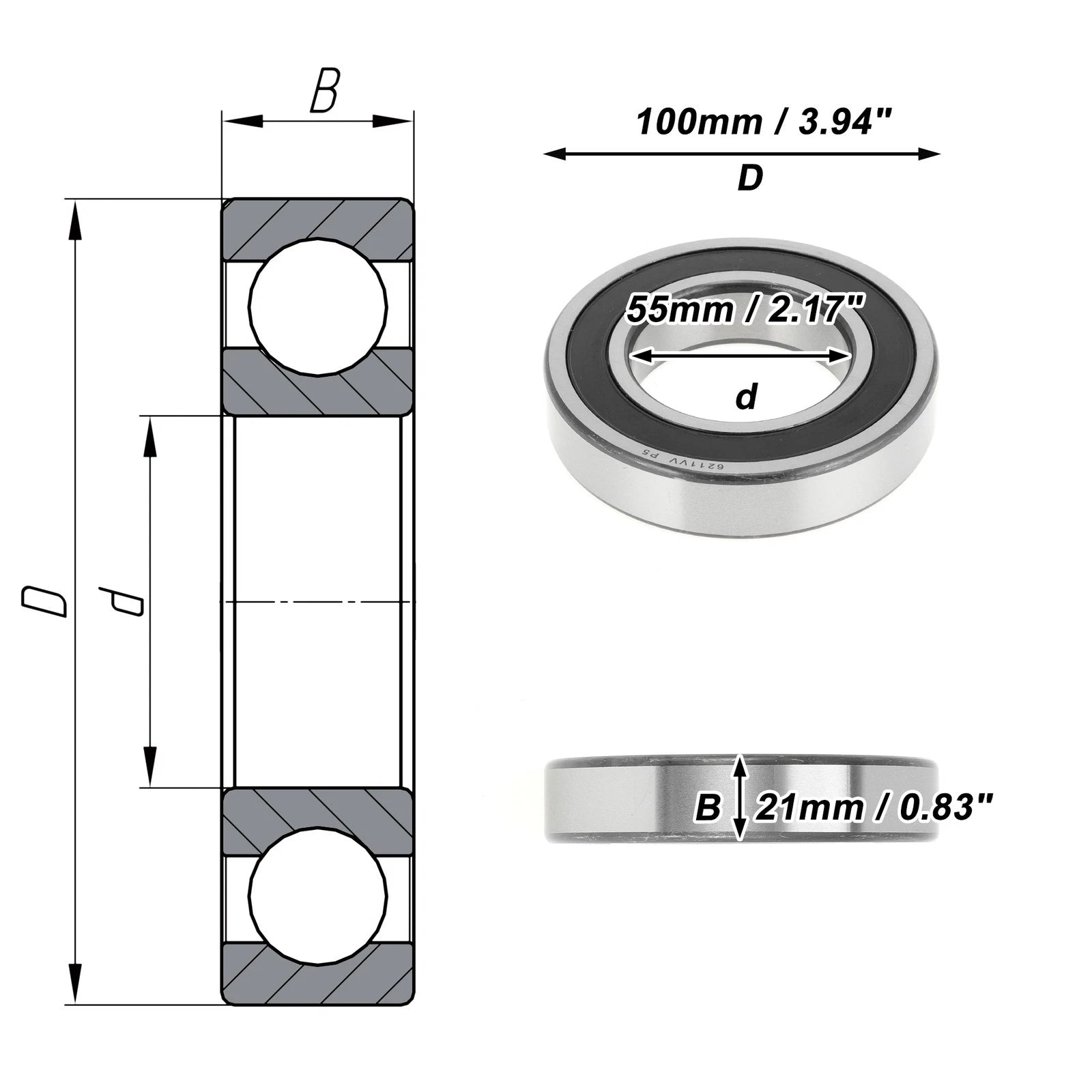 Deep Groove Ball Bearing P5 for Scooter Skateboard Wheel (55x100x21mm)