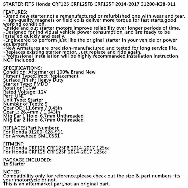 12V Starter for Honda CRF125FB CRF125F 125cc (2014–2017) 31200-K28-911