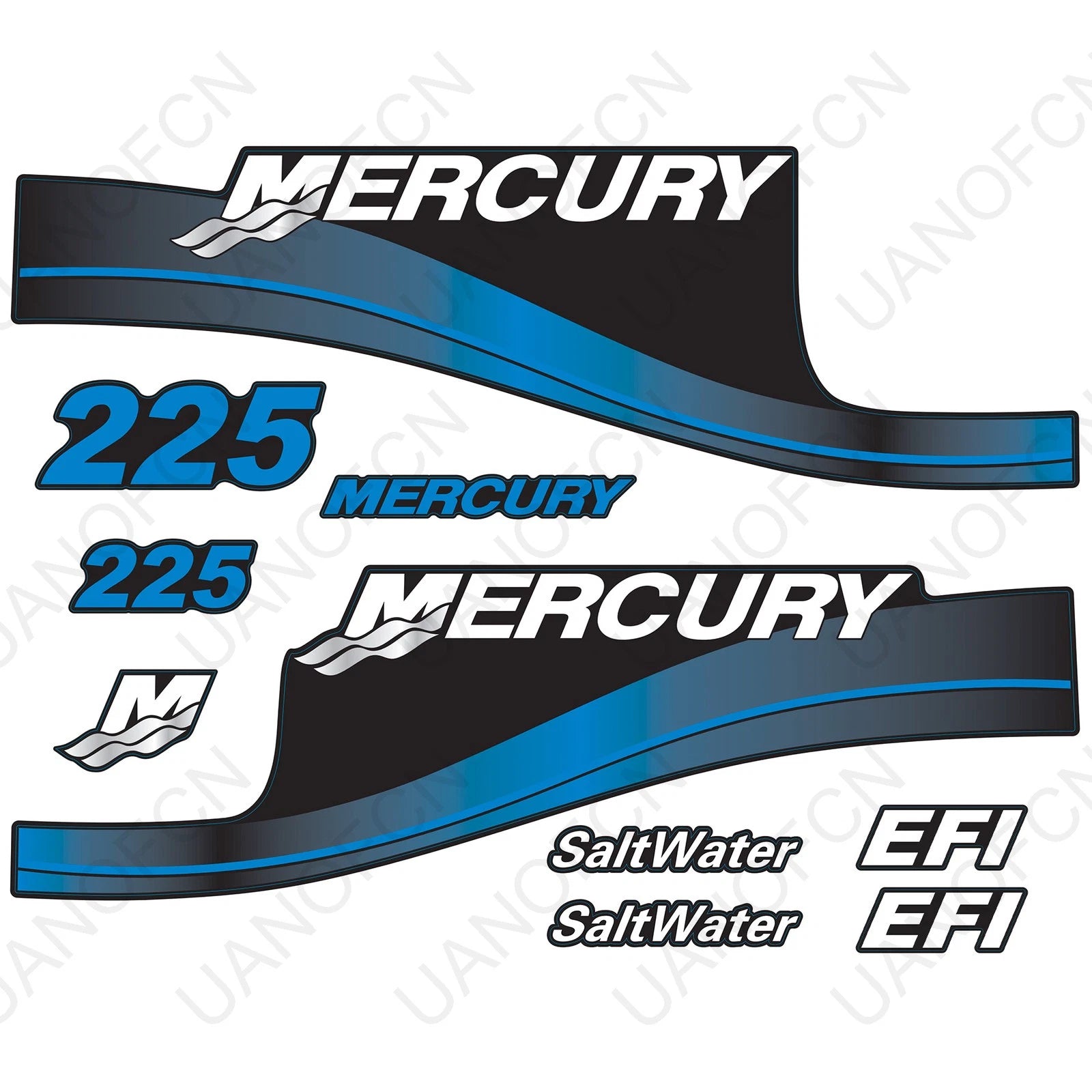 Decal Sticker Set for Mercury 225HP EFI SaltWater Outboard (Blue)