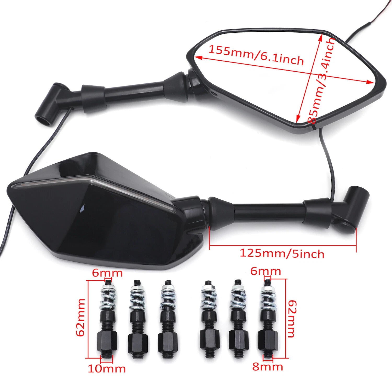 LED Signal Integrated Black Motorcycle Rear View Side Mirrors Universal 10mm 8mm