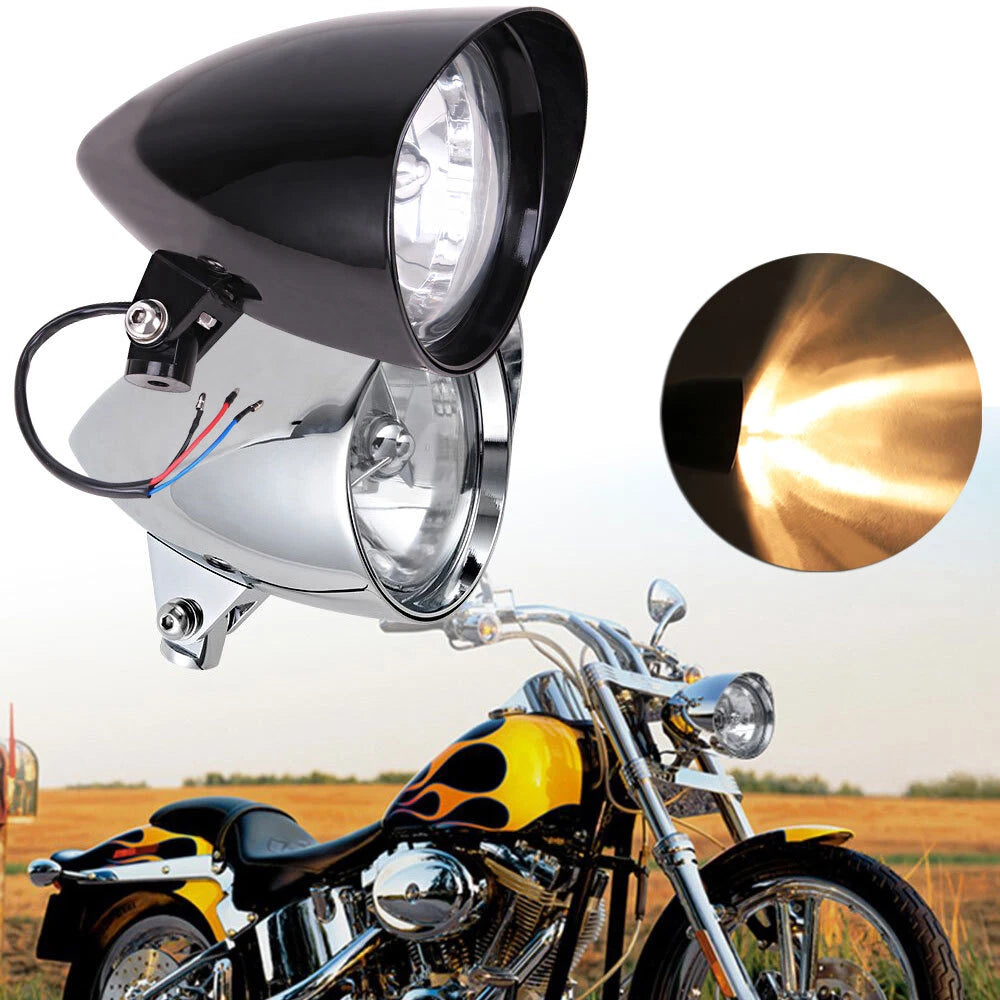 Ultima Black Chrome Tri Bar Bullet Headlight for Harley Softail Dyna