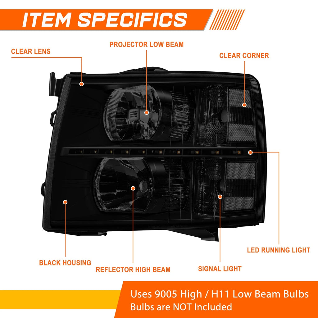 LED DRL Strip Headlight for Chevy Silverado (2007–2014) Smoked Housing