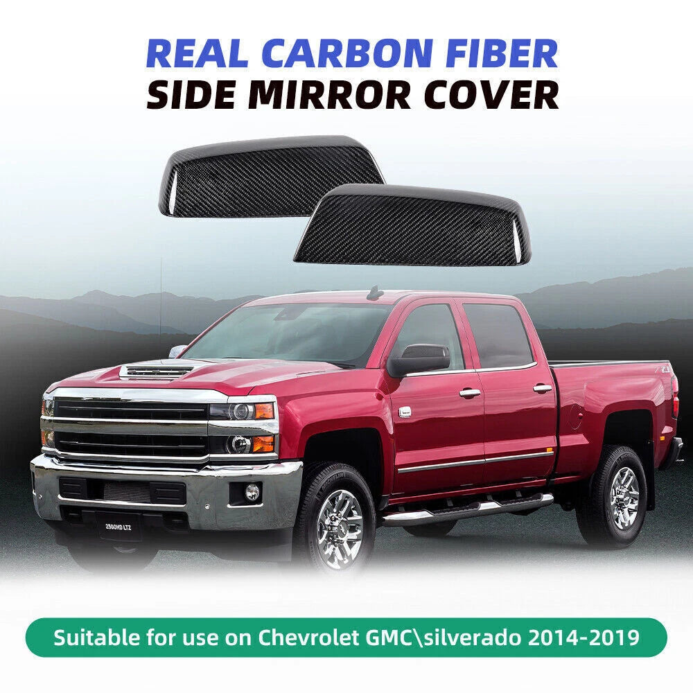 2X Glossy Carbon Fiber Mirror Cover Caps for Silverado Sierra (2014–2019)