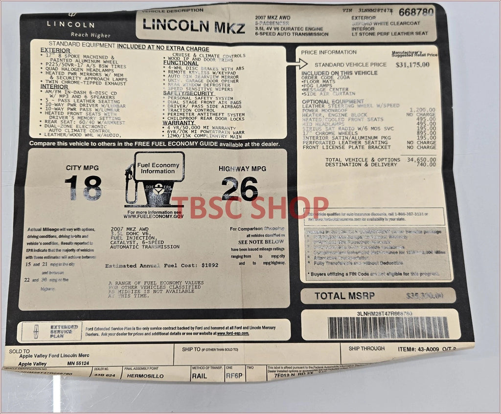Dealer Sticker for Lincoln MKZ (2007)