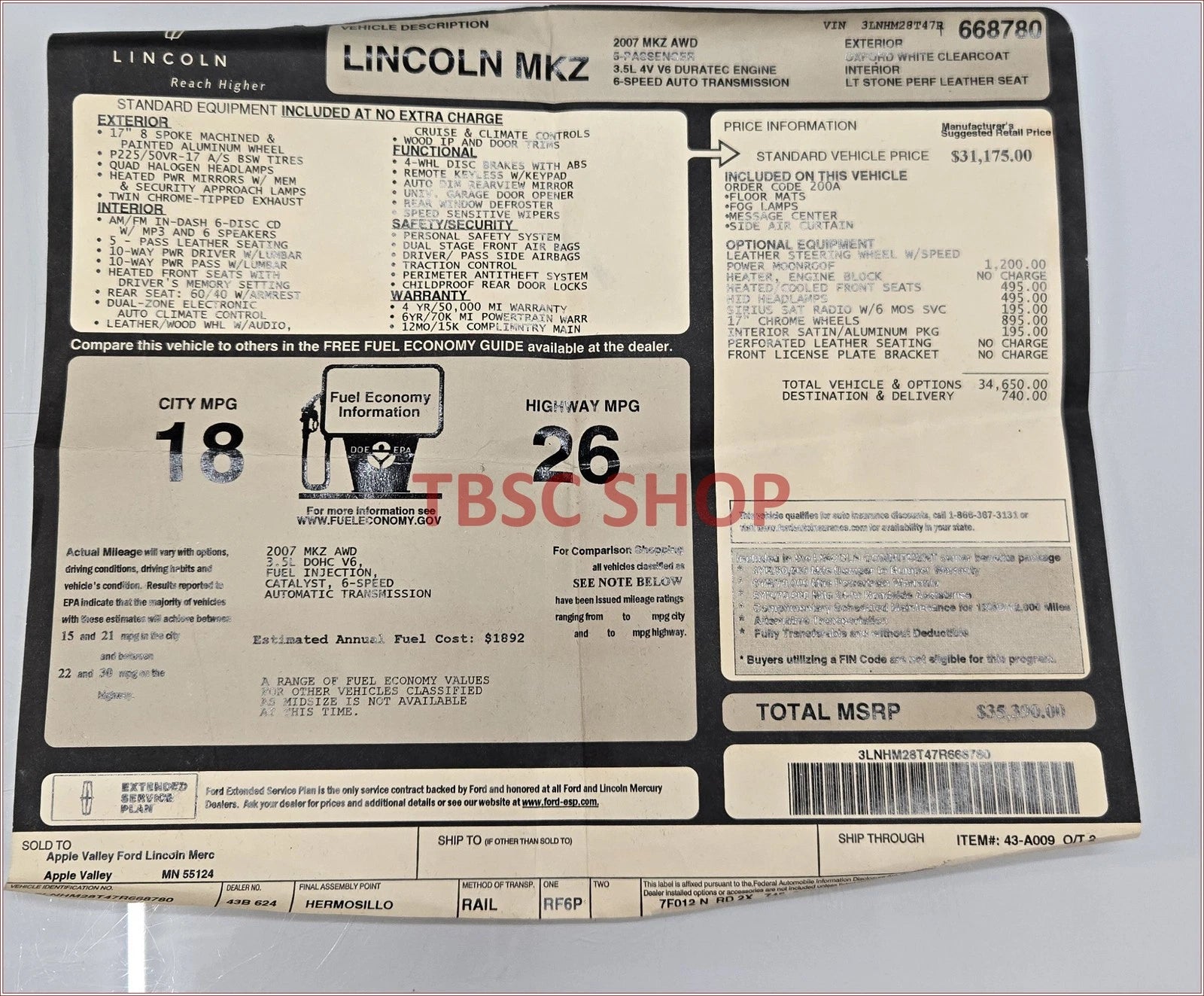 Dealer Sticker for Lincoln MKZ (2007)