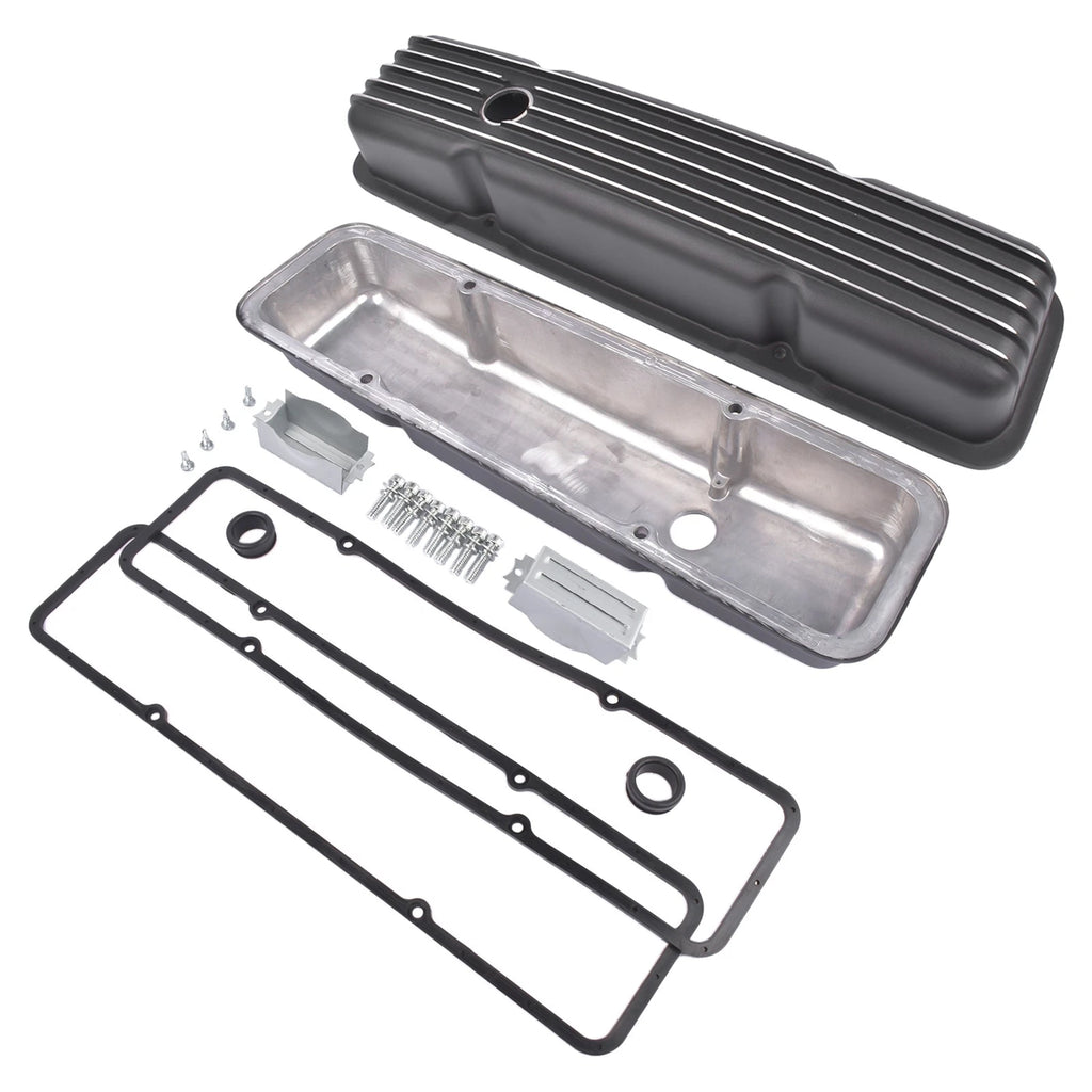 Black Aluminum Finned Short Valve Cover for Small Block Chevy 305 327 (1958–1986)