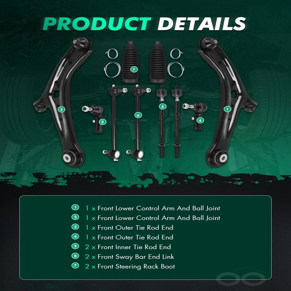 10X Front Lower Control Arm with Ball Joints Tie Rod End Sway Bar for Ford Fiesta