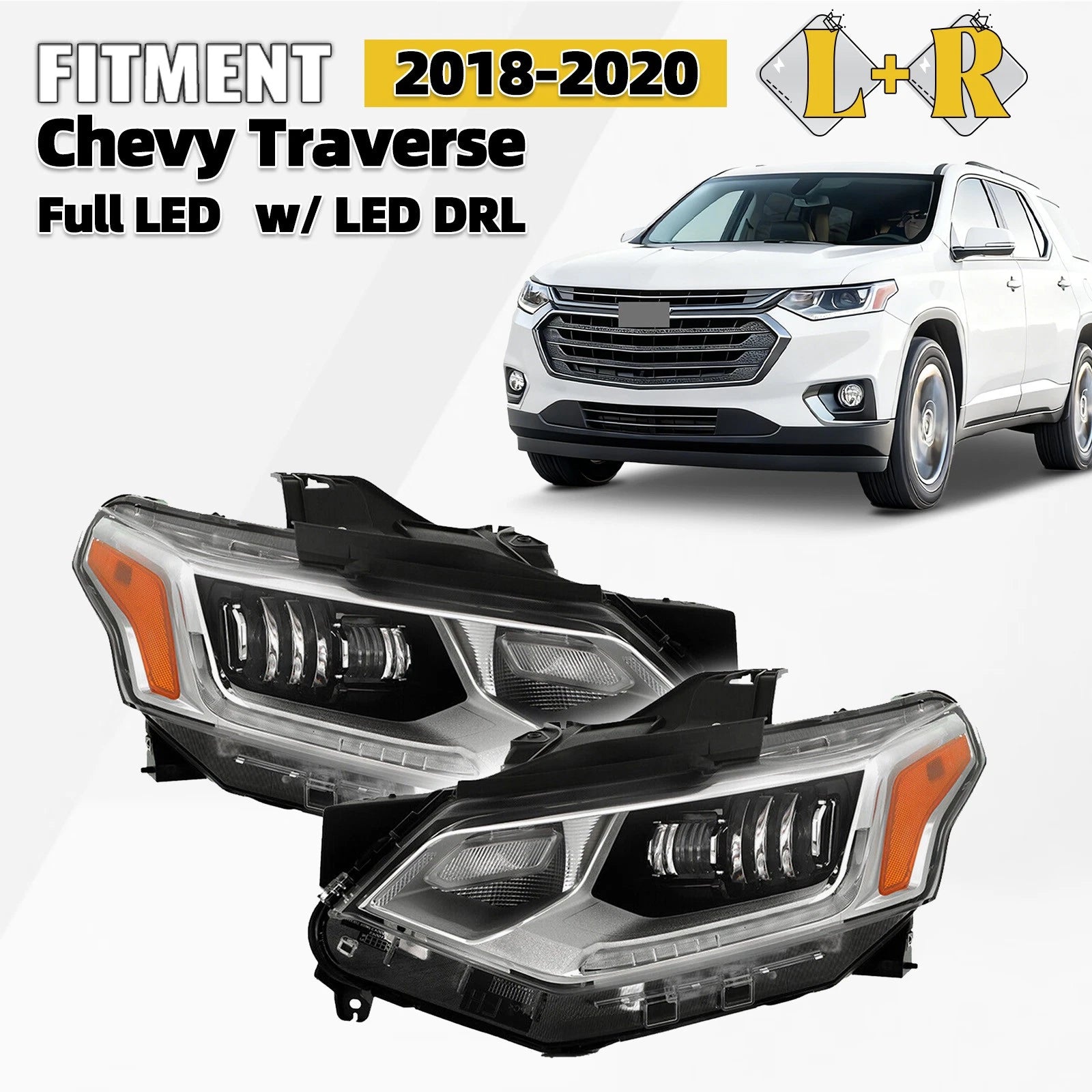Full LED Headlight Set for Chevy Traverse (2018–2020) w/ LED DRL