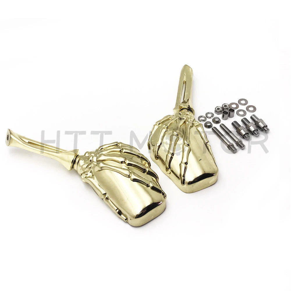 Gold Skull Skeleton Mirrors for Harley Dyna, Softail, Sportster, Touring (8mm, 10mm)