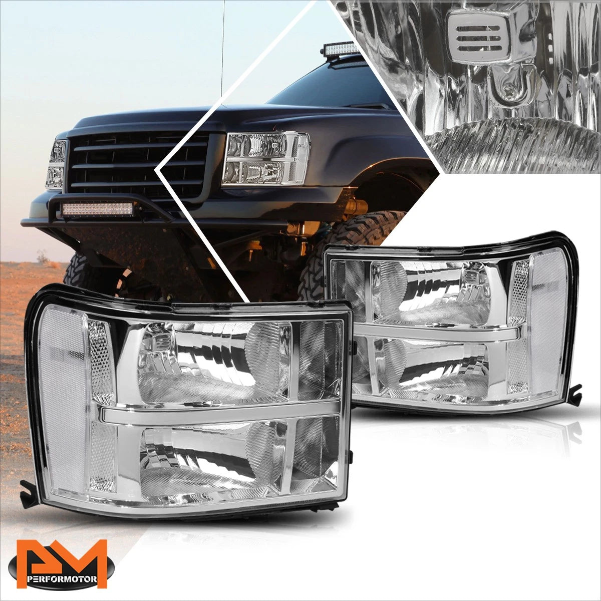 OE Factory Headlights for GMC Sierra 1500-3500 (2007–2014) Chrome Housing Clear Corner