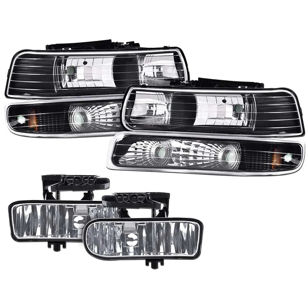 Set of 2 Black Clear Headlights and Fog Lights for Chevy Silverado/Suburban