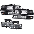 Set of 2 Black Clear Headlights and Fog Lights for Chevy Silverado/Suburban