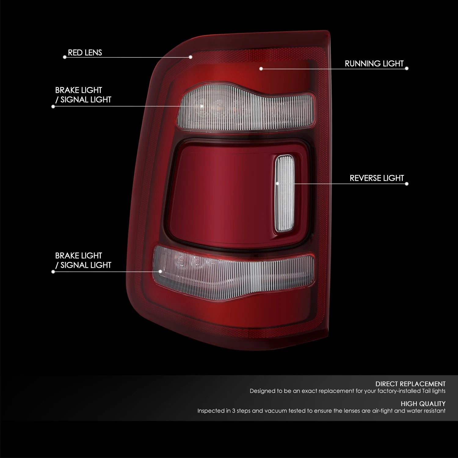 Chrome Red LED Driver Left Tail Light Assembly for Ram 1500 (2019–2024)