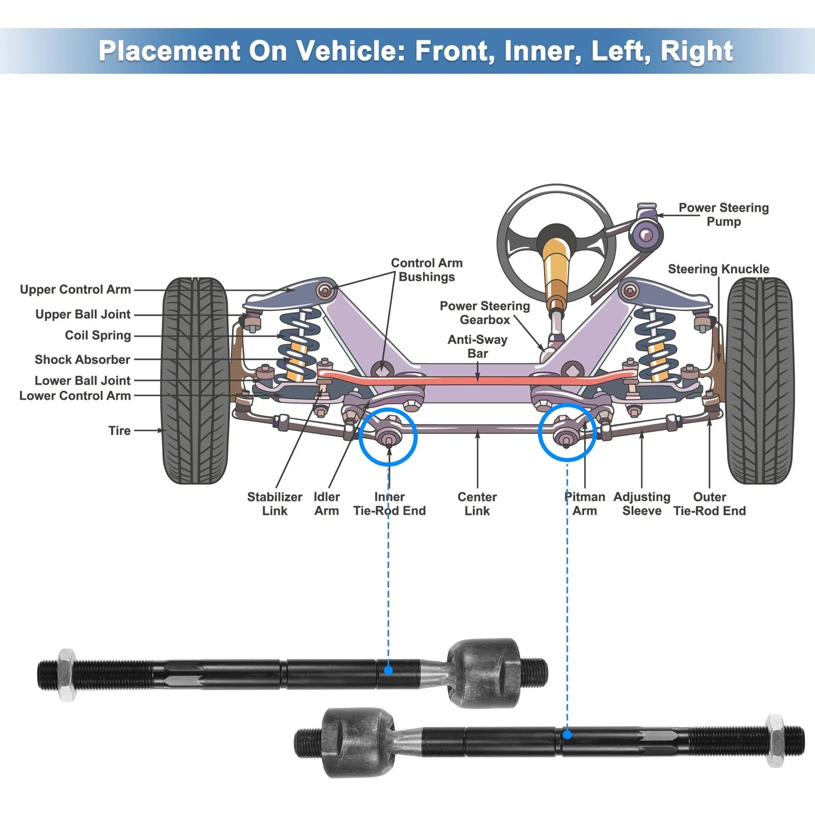 Set of 4 Front Inner Tie Rod End Links for Toyota RAV4 (2006–2018)