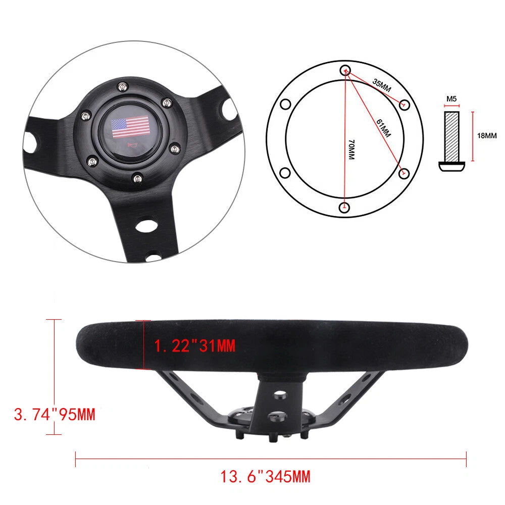 14" Suede Leather Steering Wheel for Racing (Universal Fit)
