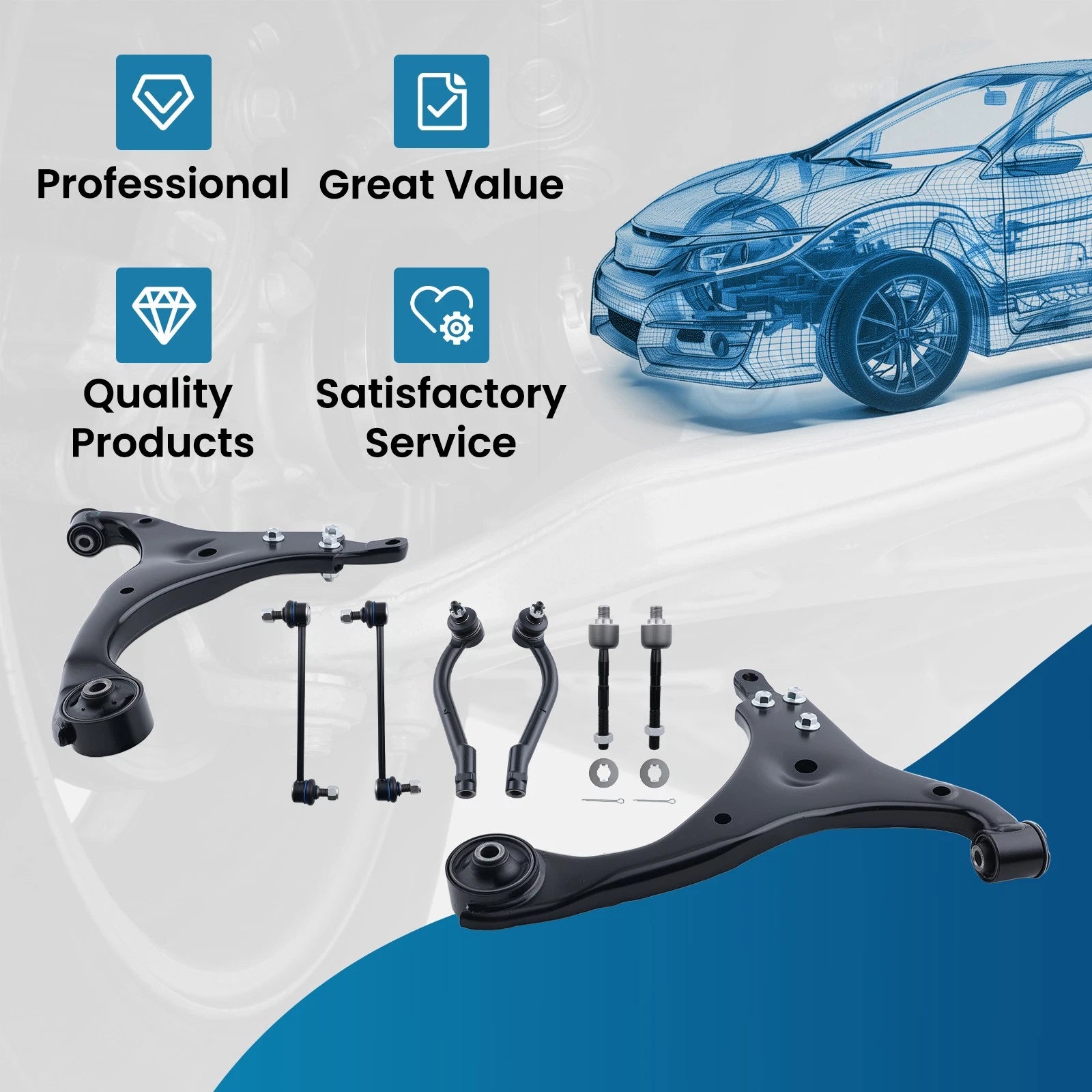 8x Front Lower Control Arms Sway Bar Tie Rod for Hyundai Elantra (2007–2012)