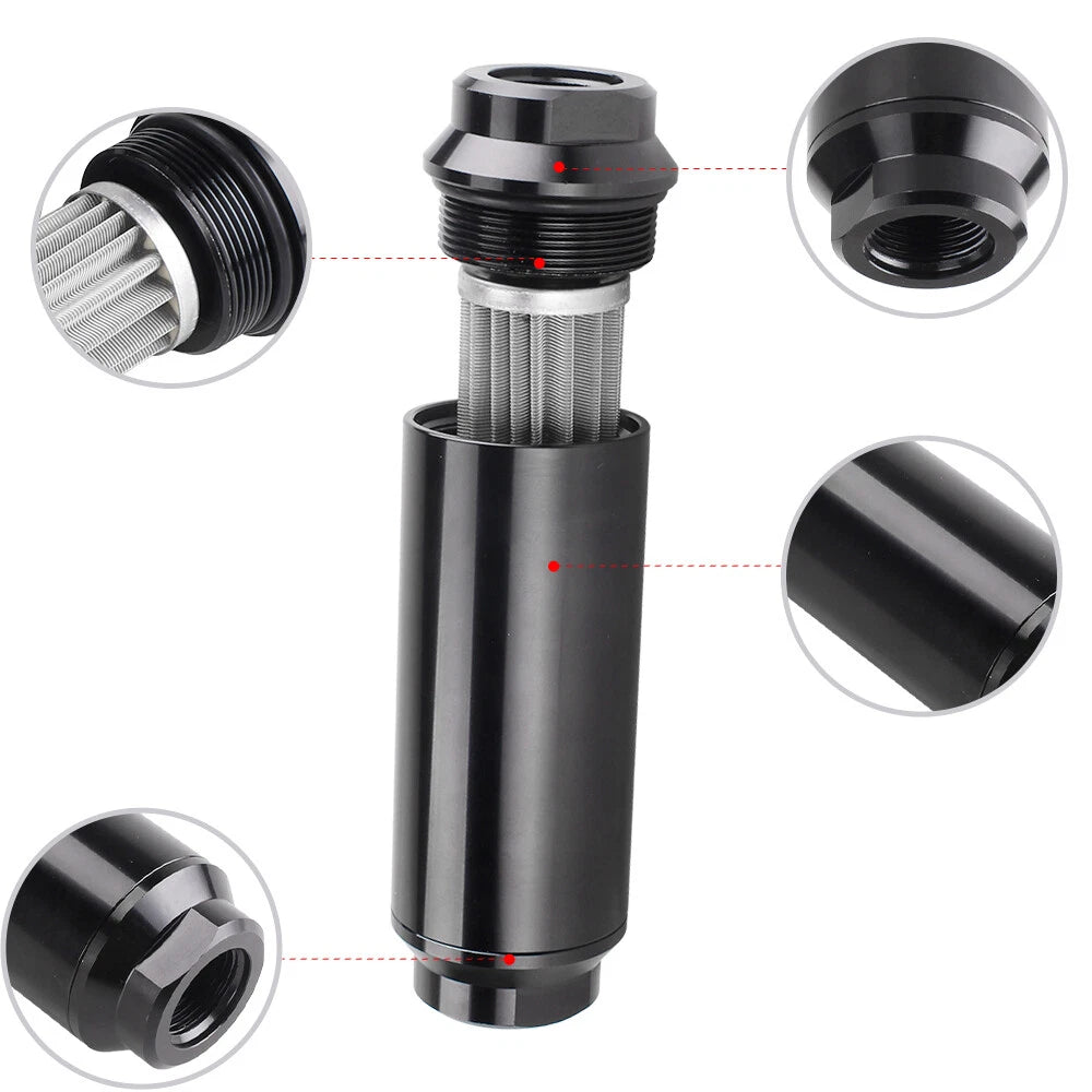 High Flow Inline Fuel Filter 100 Micron Cleanable 6AN/8AN/10AN Adapter