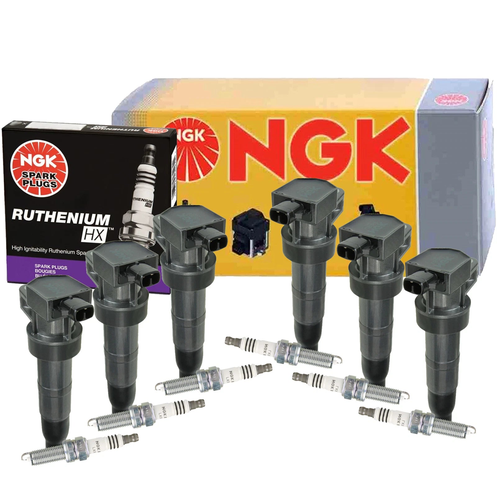 Set of 6 NGK COP Ignition Coils & Ruthenium HX Spark Plugs for Hyundai Kia