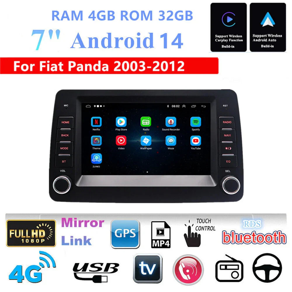 7'' Carplay Android Stereo GPS Navigation for Fiat Panda (2003-2012)