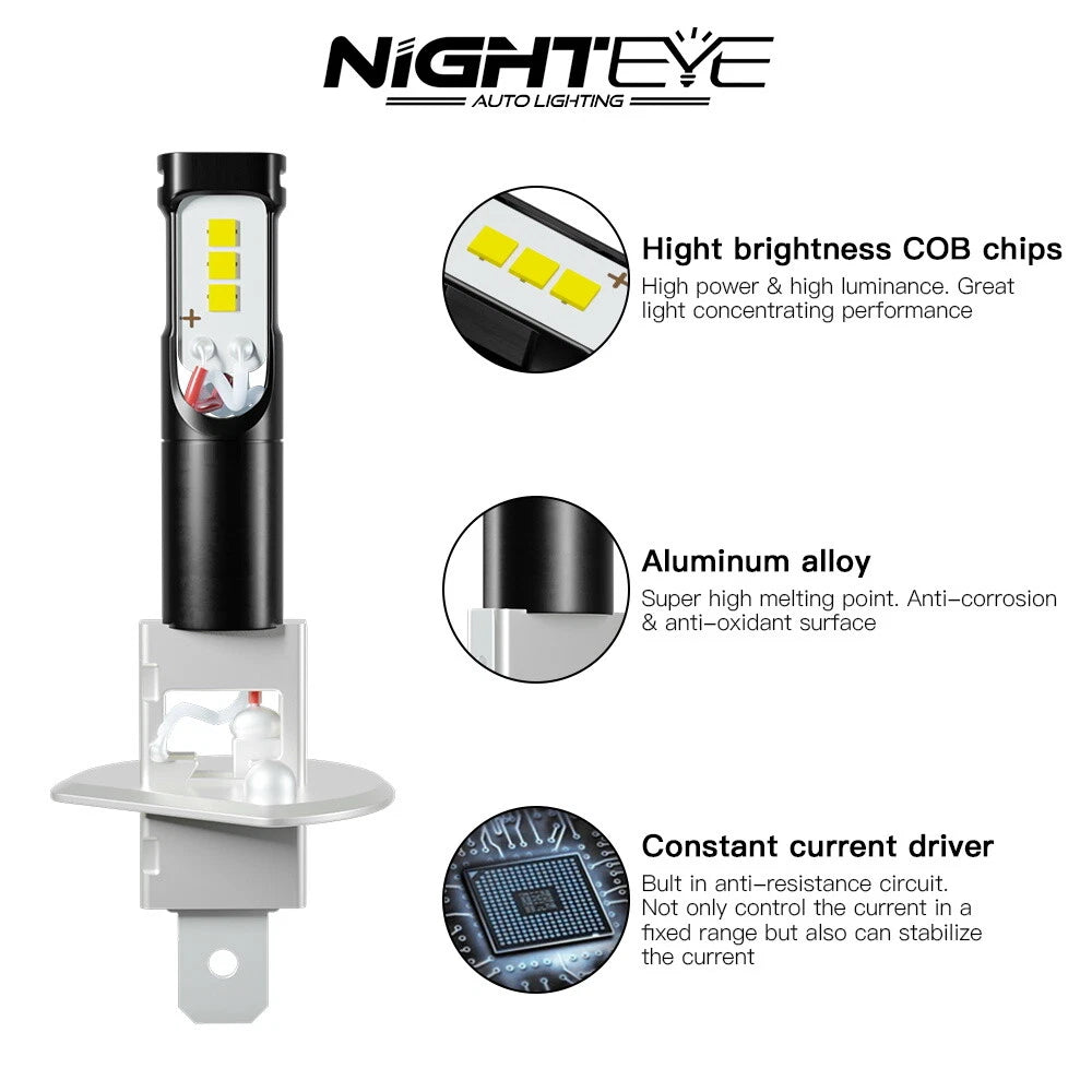 2X H1 LED Fog Light Bulbs 160W 6000K for NIGHTEYE
