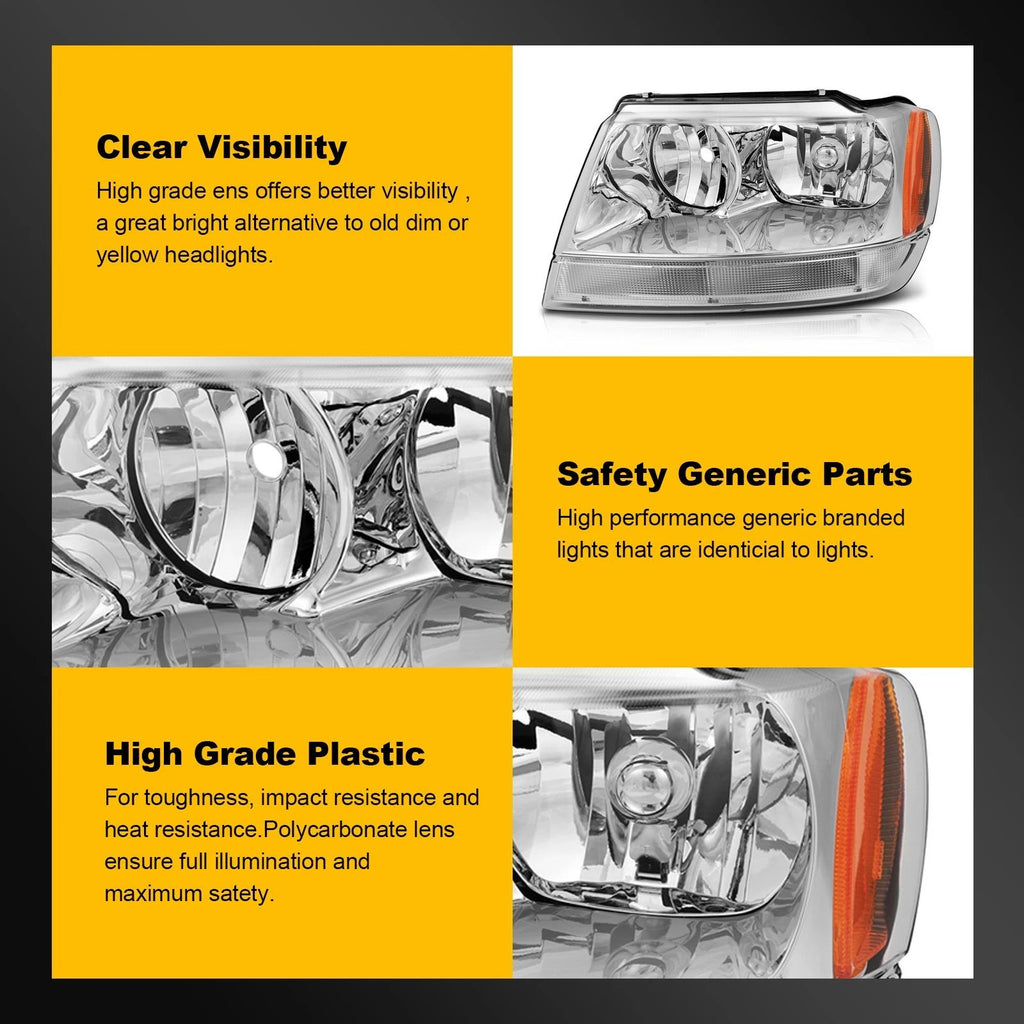 2X Headlight Assembly for Jeep Grand Cherokee (1999–2004) Chrome Housing