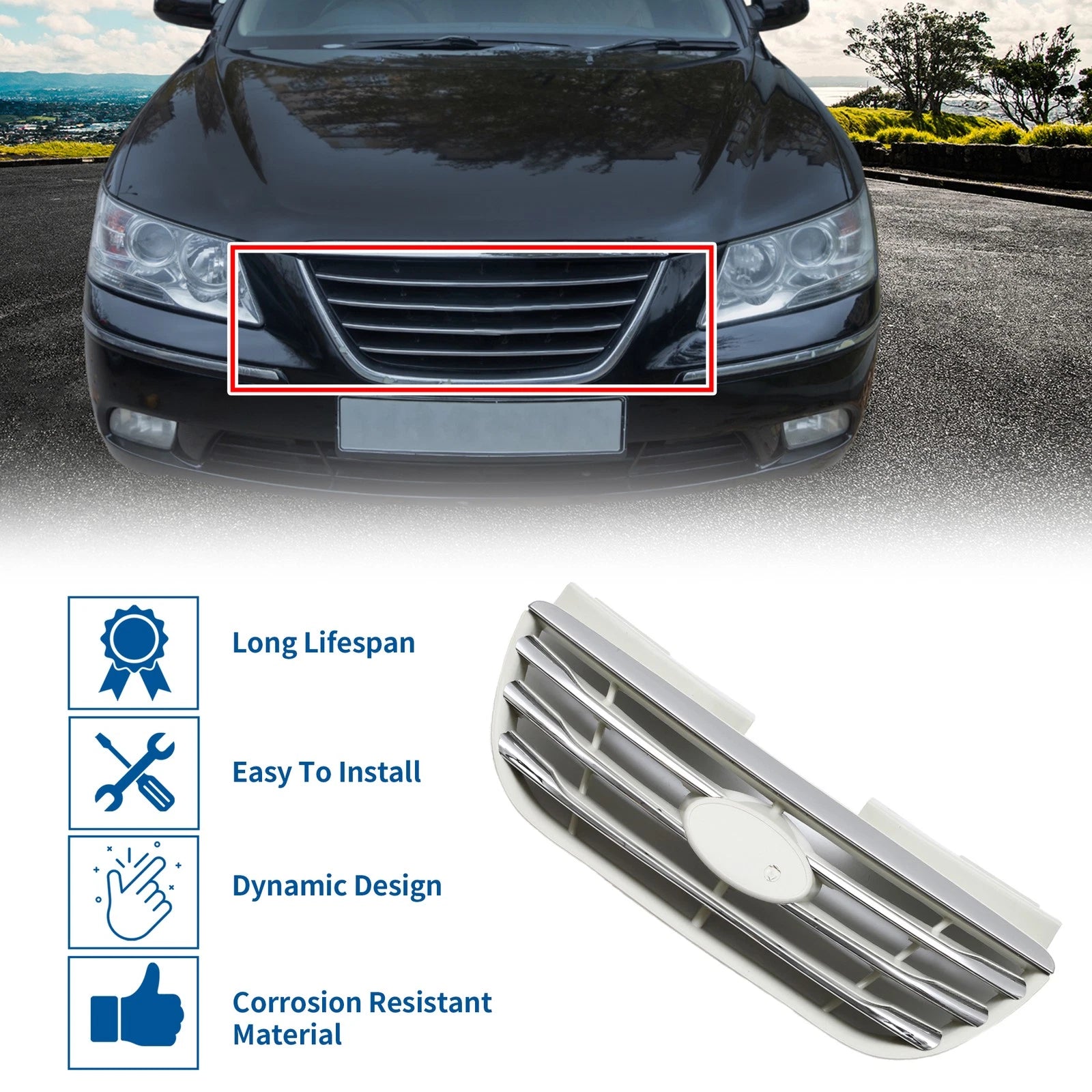 Front Upper Bumper Grille for Hyundai Elantra (2008–2009) Chrome