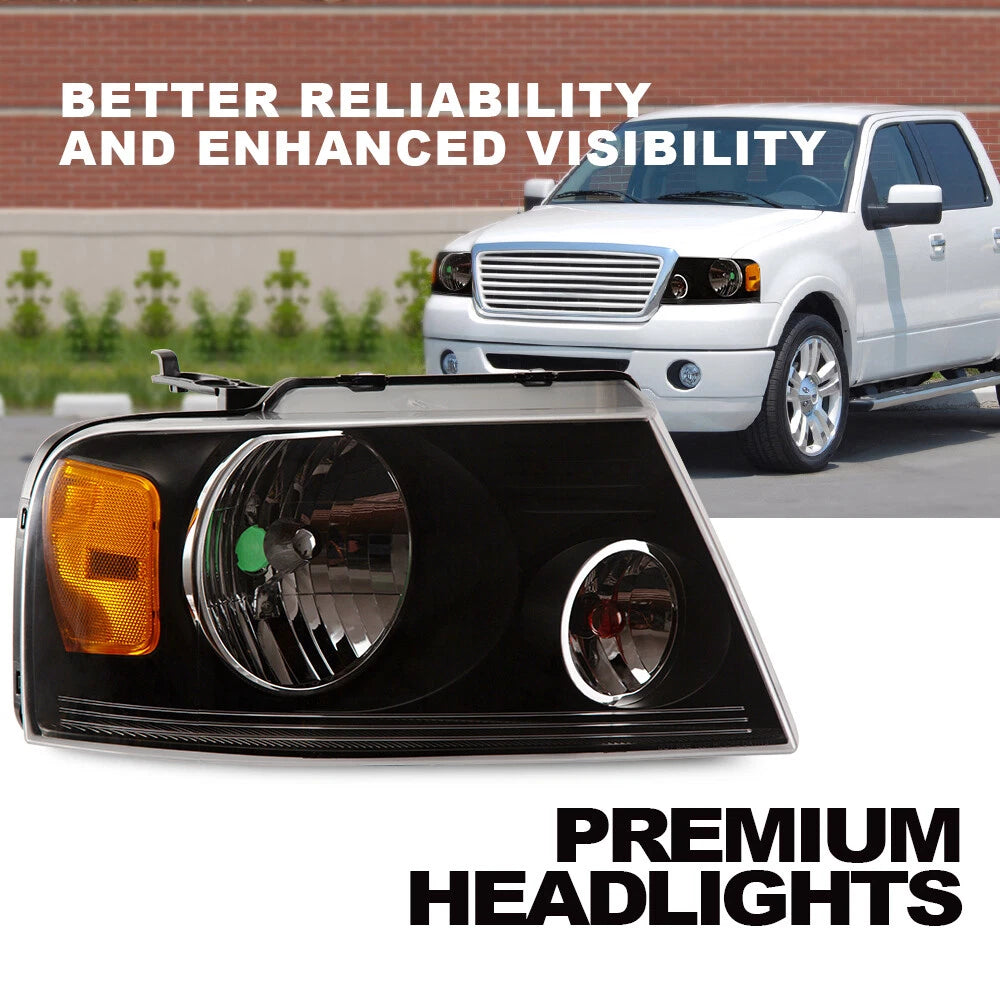 Pair Amber Side Clear/Black Headlights Assembly for Ford F-150 (2004–2008)