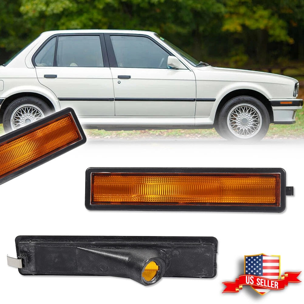 2X Amber Lens Front Bumper Side Marker Lights for BMW E30 E32 E34 (1982–1996)