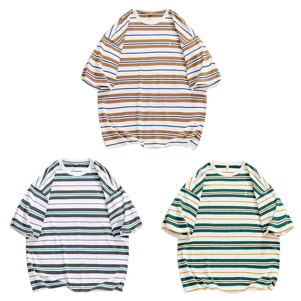 Set of 2 Men Striped Casual T Shirts Short Sleeve Streetwear