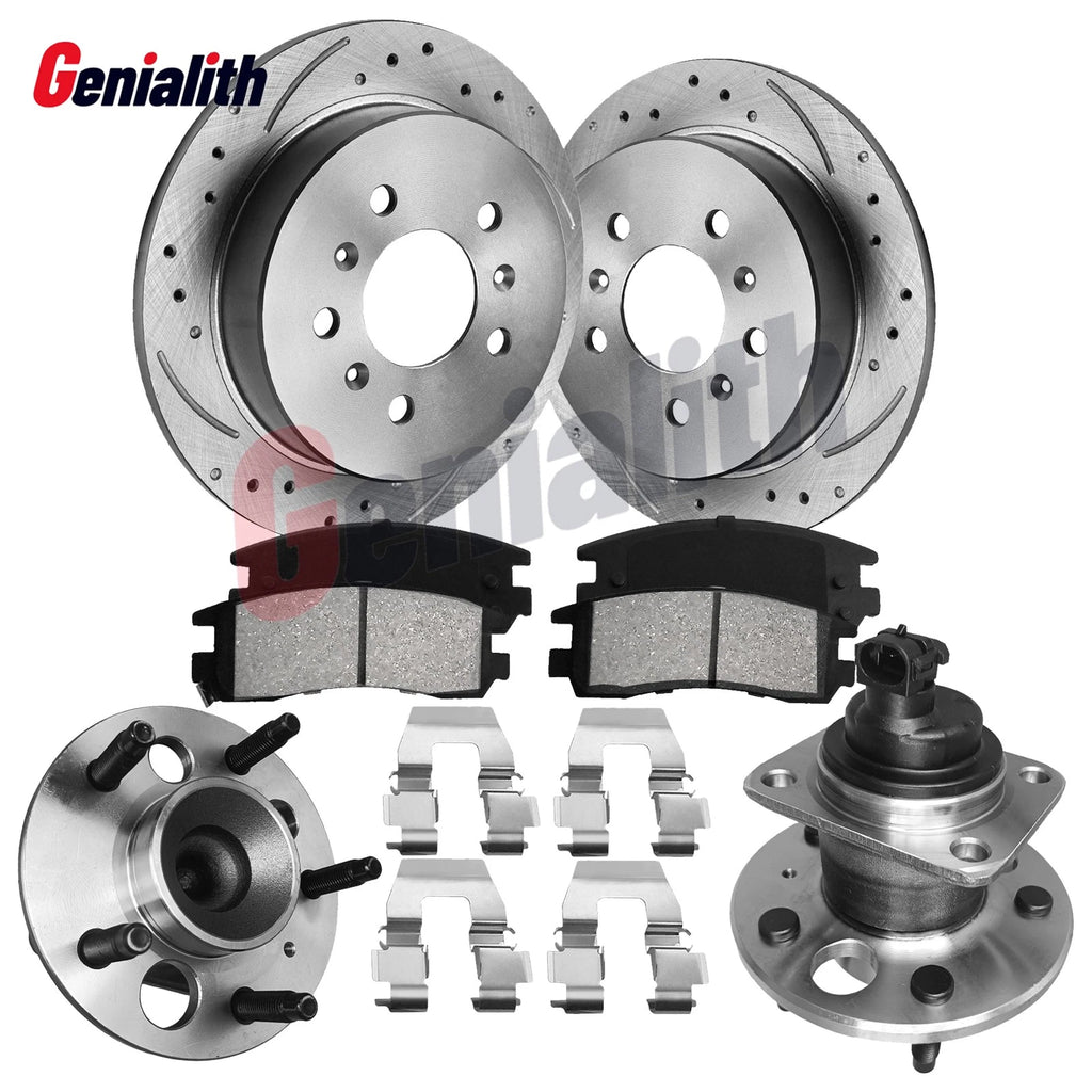 Rear Drilled Rotor & Brake Pad Set with Wheel Hub Bearing for Chevrolet Impala