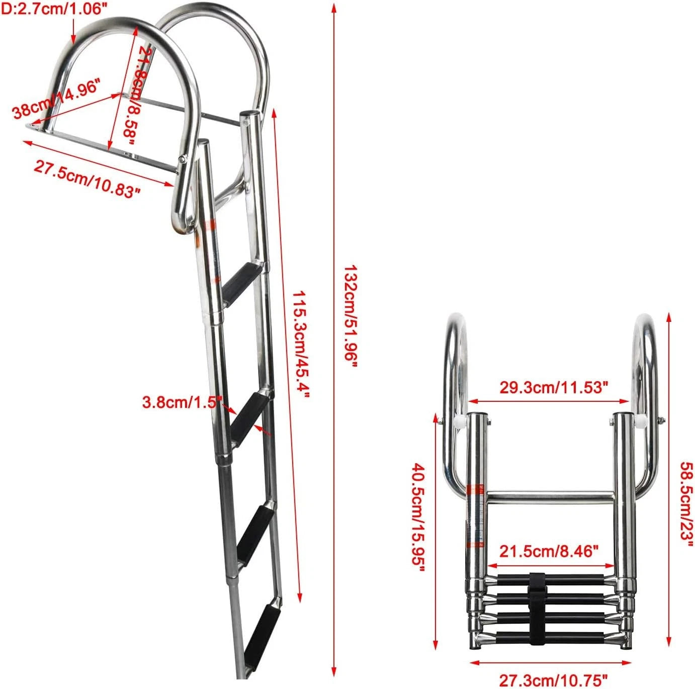 4 Steps Folding Pontoon Boat Ladder for Universal Use (Telescoping, Stainless Steel)
